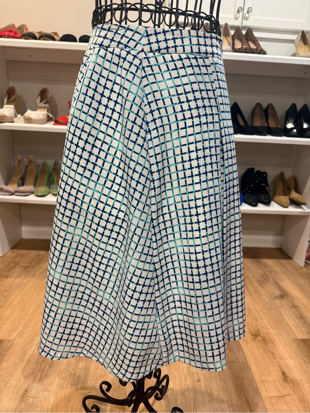 The Limited White A-Line Skirt with Navy & Teal Grid